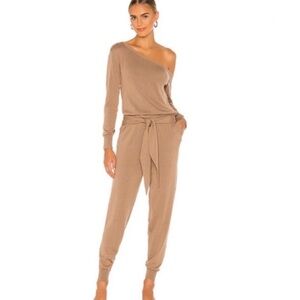 MAJORELLE Charlotte Off Shoulder Jumpsuit in Taupe/Tan